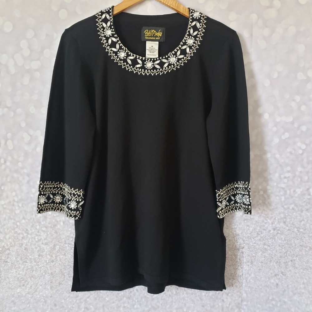 Bob Mackie Black Beaded Pearl Rhinestone Embellished Sweater 3/4 Sleeve Medium